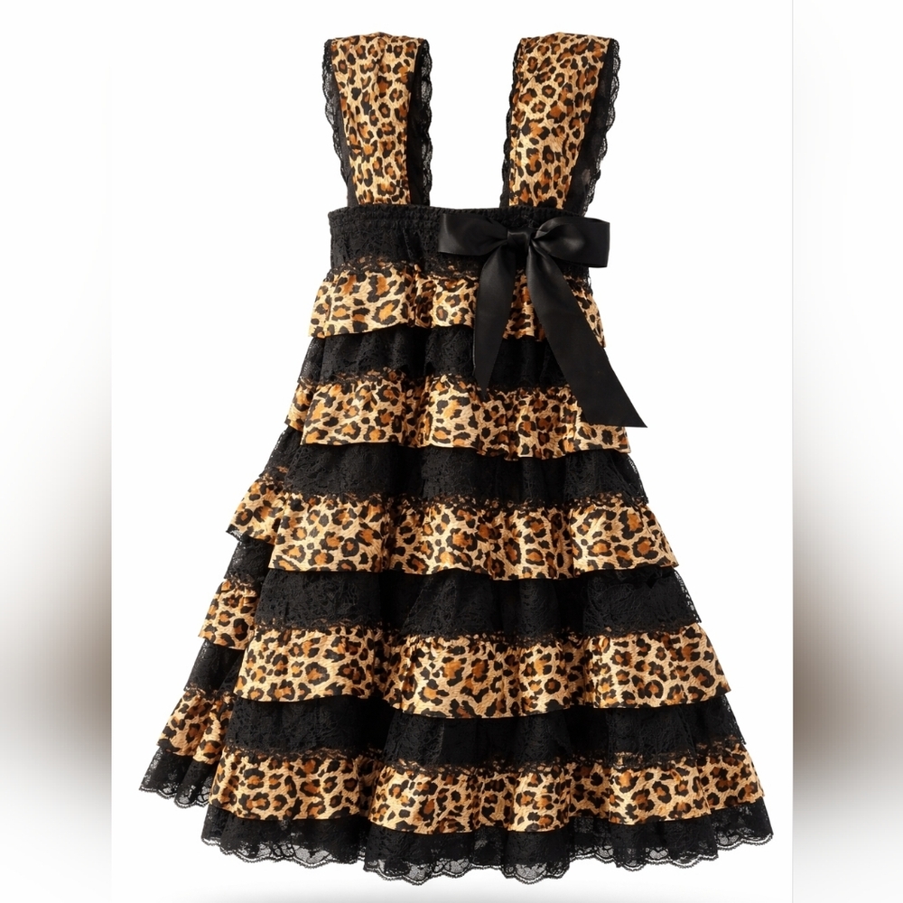 Leopard Print & Black Ruffle Kids Formal Dress with Satin Bow